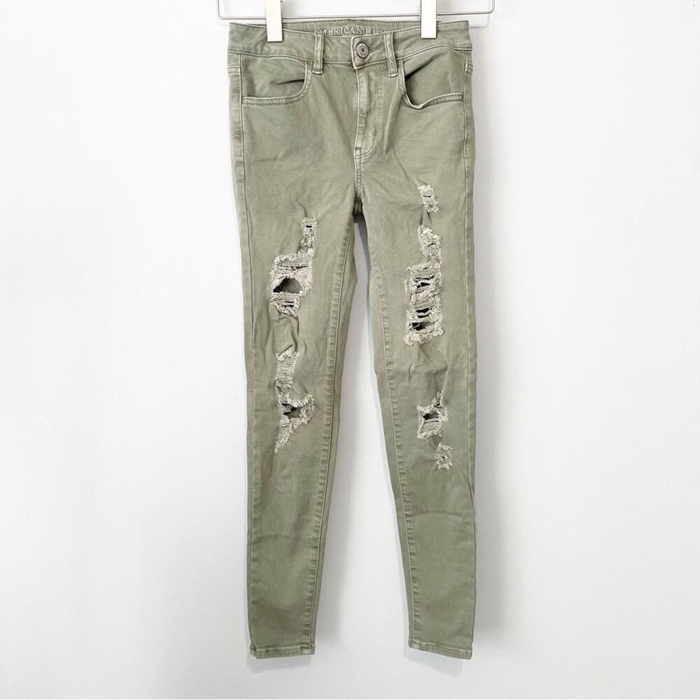 American Eagle Outfitters hi rise jegging jeans green ripped denim distressed 2